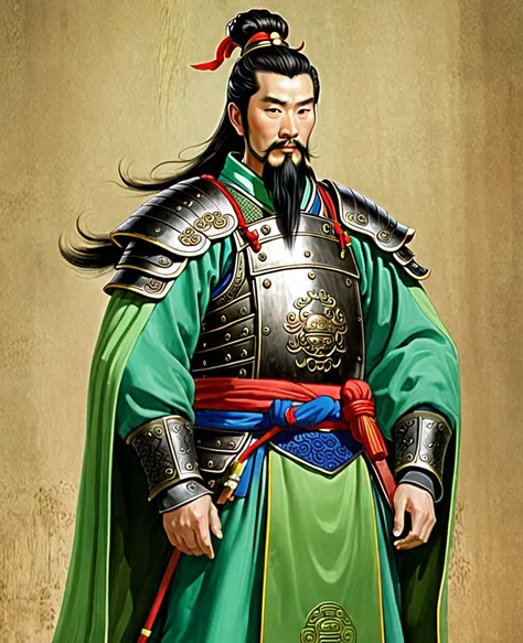 a full-length portrait of liu bei of ancient china. his appearance only has a beard on the tip of his chin, and his hair is a un...