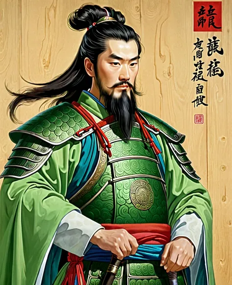 a full-length portrait of liu bei of ancient china. his appearance only has a beard on the tip of his chin, and his hair is a un...