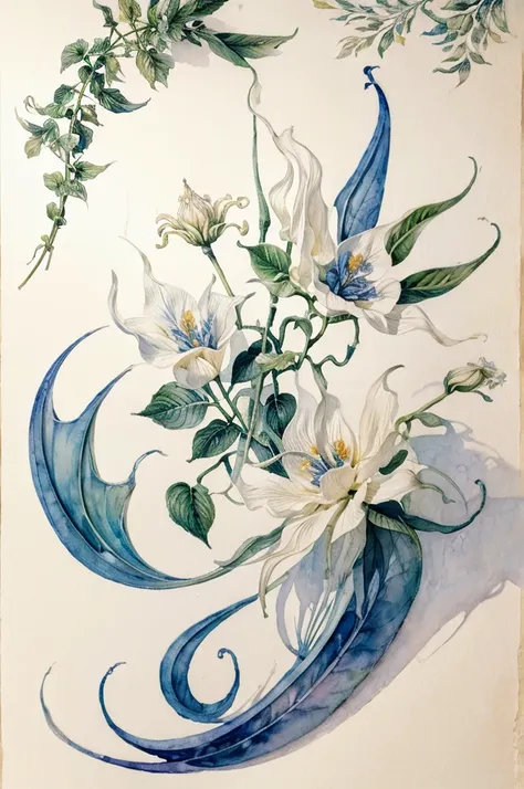 masterpiece of watercolor botanic illustration on white cotton paper of a pair of brugmansia blue flowers, with a branch, and so...