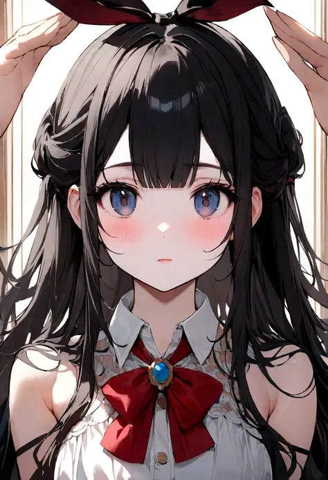 Open cousin, I want a girl with long loose hair with black bangs with a BOW TIED UP on her head, head a little lowered look to the left focus on the face sample on the shoulders a little real face