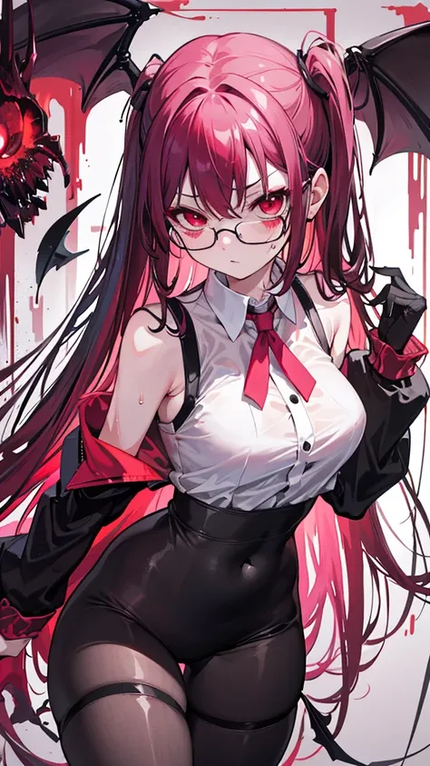 underdressing，Expression of disgust，Expression of disgust，Red Eyes，Sweat，Soaked，liquid，transparent，Cropped tops，succubus，pink，stocking，grid，Glasses，Black pantyhose