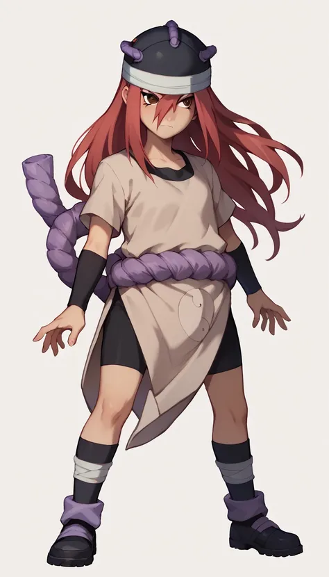 nsfw, +18, tayuya, red hair, long hair, brown eyes, tan tunic, purple rope belt, black shorts, arm warmers, black headwear, full...