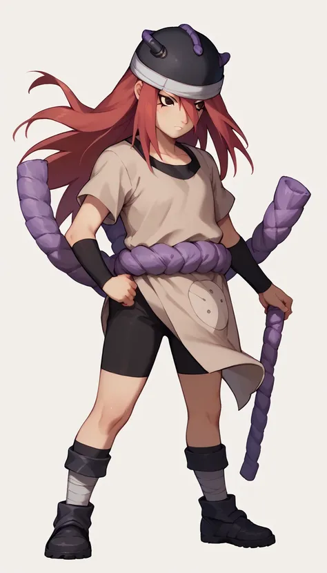 nsfw, +18, tayuya, red hair, long hair, brown eyes, tan tunic, purple rope belt, black shorts, arm warmers, black headwear, full...