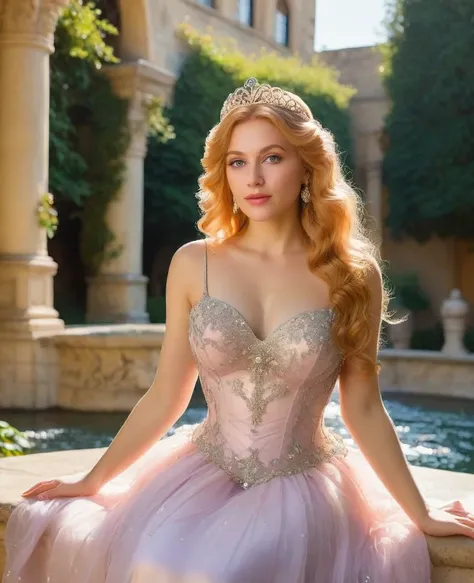 princess in blissful languor, beautiful detailed eyes, beautiful detailed lips, flowing gown, dreamy expression, golden hair cascading down, sparkling tiara, strawberry blonde curls, royal palace, soft sunlight filtering through stained glass windows, exqu...