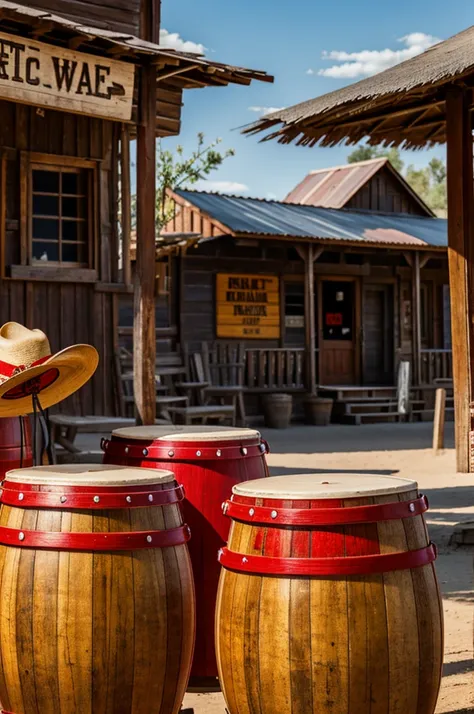 Pair of red congas in the middle of an old west town and a cowboy hat in the foreground 