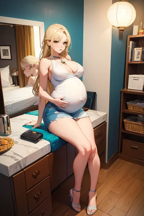  Sexy pregnant woman, cleavage, revealing sexy tight white top, blonde hair, blue jeans, small earrings, necklace, pregnant, full body shot, sexy pose,