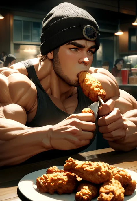 Medium muscular guy with medium long brown hair and black beanie hat eating fried chicken