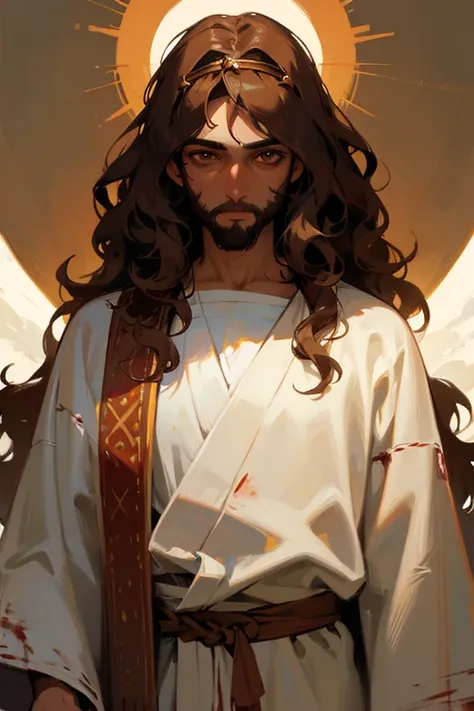 create an image in a semi-realistic painting style of Jesus with brown skin, wavy hair,and wearing a diadem on the head and eyes like the sun, dressed in a white robe stained with blood
him lookin at the front