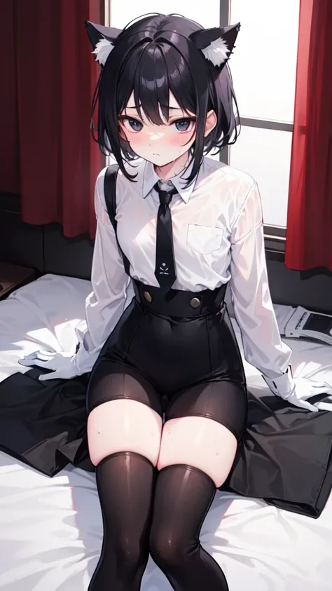 18-year-old Shota，cute，Wear a white long-sleeved shirt and a black work tie，Wear black pants，Wear black booties，Wear white gloves，wear cat ear，Black hair，Black eyes，Very thin legs，The waist is very thin，blush，sweat，Fear，Unwilling，comfortable，nsfw