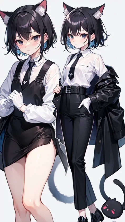 18-year-old Shota，cute，Wear a white long-sleeved shirt and a black work tie，Wear black pants，Wear black booties，Wear white gloves，wear cat ear，Black hair，Black eyes，Very thin legs，The waist is very thin，blush，sweat，Fear，Unwilling，comfortable，nsfw