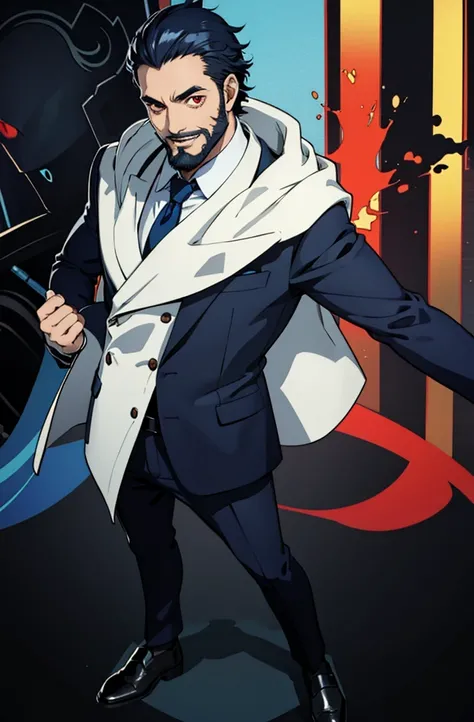 1 man, dark blue hair, suit, ((full body)), smile, black beard, red eyes,50 years old,full body,whole body,