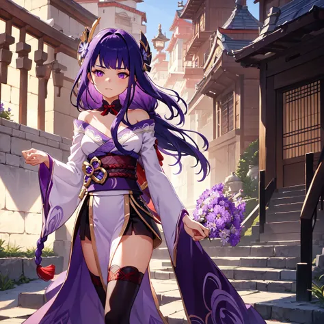 shogun, 1girl, solo, long hair, looking at viewer, hair ornament, thighhighs, long sleeves, ribbon, holding, cleavage, closed mouth, purple eyes, weapon, purple hair, braid, flower, japanese clothes, sword, wide sleeves, kimono, holding weapon, armor, mole...