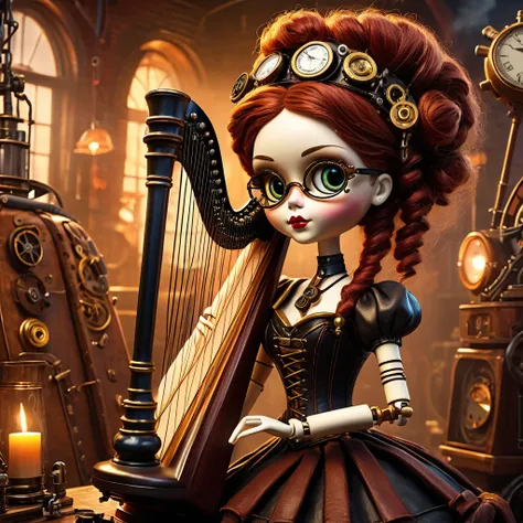 (voodoo doll playing knitted harp:1.2), (Voodoo Steampunk:1.3), (badass clothing: leather corset, aviator glasses, Gears and mechanical parts:1.0), (in the background steam engines, airships and Victorian buildings:1.2), best qualityer, work of art, detail...