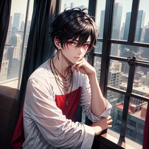 A gentleman,with red eyes and black hair with wolf cut hairstyle,wearing oversize t-shirts,wearing earrings and necklace,at hotel look at city view from window