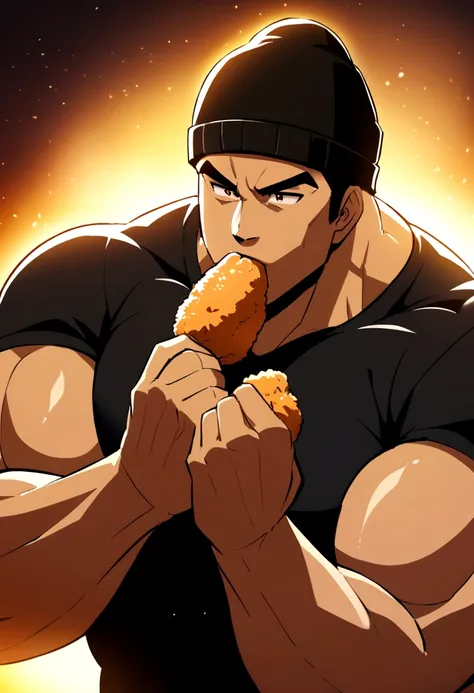 Medium muscular guy with medium long brown hair and black beanie hat eating fried chicken in anime style