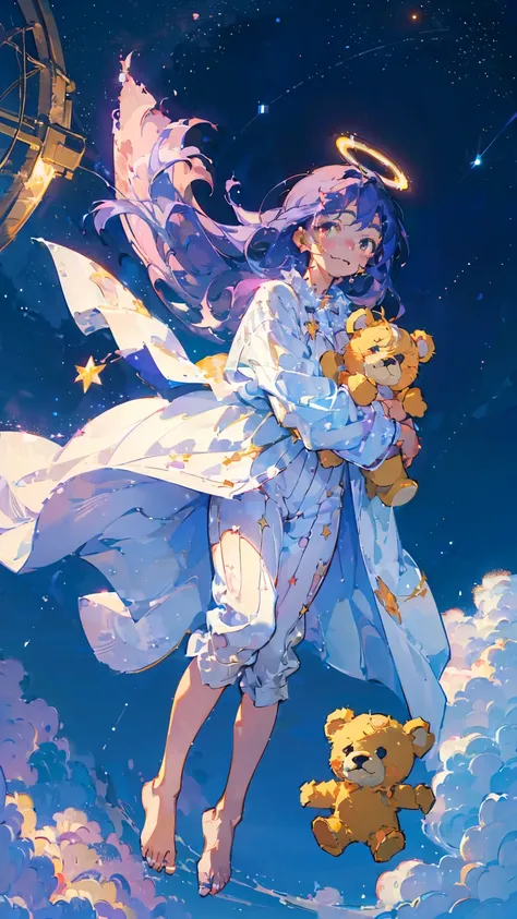 (woman\(13 years old,a star-like halo on the head。, angel girl,purple hair,yellow eyes, white skin, i'm wearing pastel colored p...