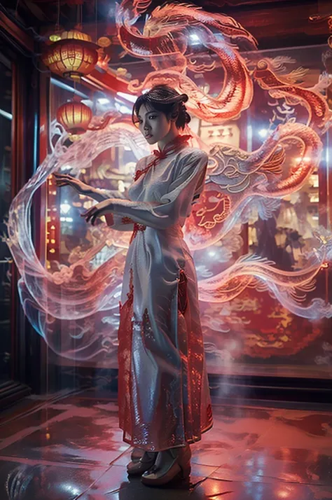 white holographic dragon, 1个busty girl(red cheongsam:1.5) a suspenseful shot(the sky shines red,visual impact,add a dynamic a...