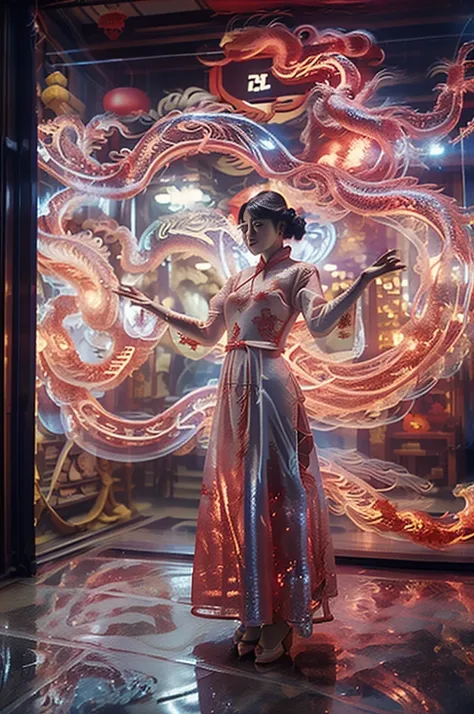 white holographic dragon, 1个busty girl(red cheongsam:1.5) a suspenseful shot(the sky shines red,visual impact,add a dynamic a...