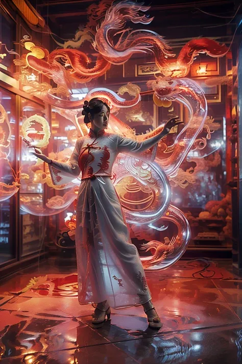 white holographic dragon, 1个busty girl(red cheongsam:1.5) a suspenseful shot(the sky shines red,visual impact,add a dynamic a...