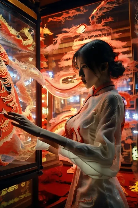 A white hologram dragon, 1 girl with large breasts (wearing a red cheongsam:1.5), dramatic shot (sky glowing red, visually striking, add dynamic and visually appealing elements to a poster:1.2), Chinese sun style, impressive illustration