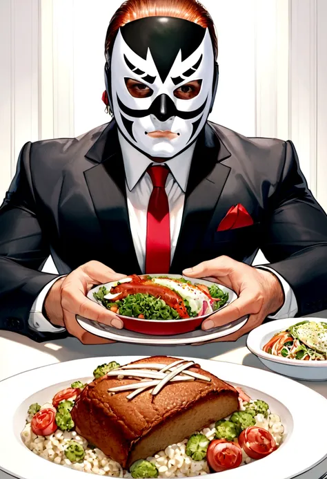 lucha libre masked man, buff, wearing a suit and enjoys a nice meal. album cover called "ricky meatloaf"