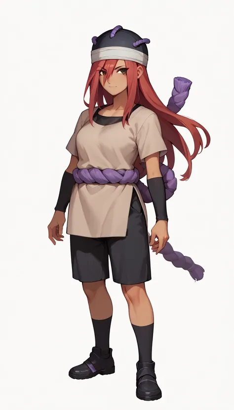 nsfw, +18, tall, milf, tayuya, red hair, long hair, brown eyes, tan tunic, purple rope belt, black shorts, arm warmers, black he...