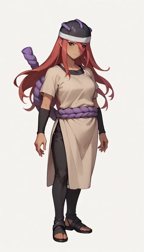 nsfw, +18, tall, milf, tayuya, red hair, long hair, brown eyes, tan tunic, purple rope belt, black shorts, arm warmers, black he...