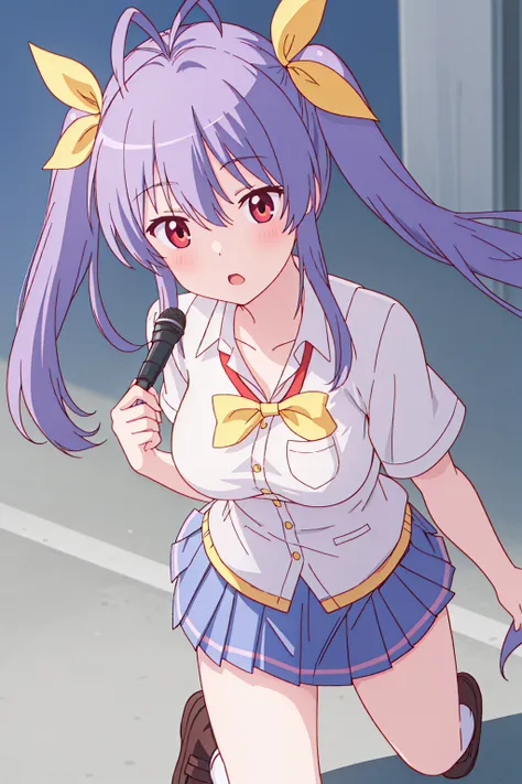 girl, solo, beautiful body, perfect body, nice body, (huge Breasts),

miyauchi_renge_nonnonbiyori, purple_hair, red_eyes, long_hair, twintails, ribbon, hair_ribbon, blush, antenna_hair, yellow_ribbon, hair_between_eyes, (school uniform:1.5), (pleated skirt...