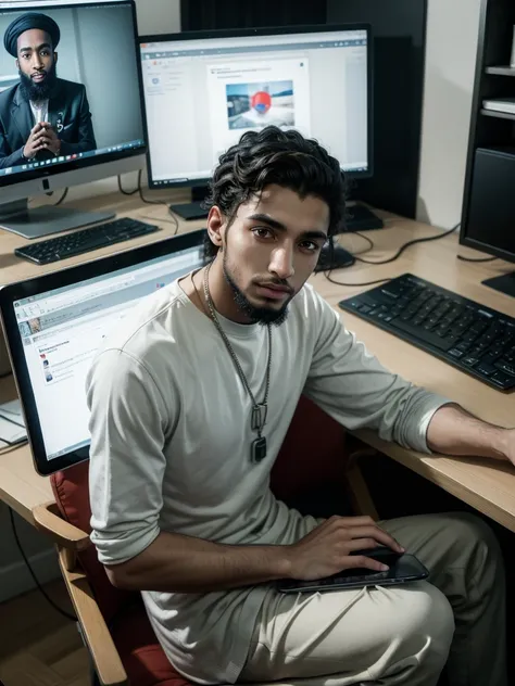 there is a man sitting in a chair with a tablet, mkbhd, com um laptop no colo, Riyad Cassim, sitting at a computer, sitting in front of the computer, masterpiece of art, nipsey hustle, in front of a computer, taken at the beginning of 2020, looking at his ...