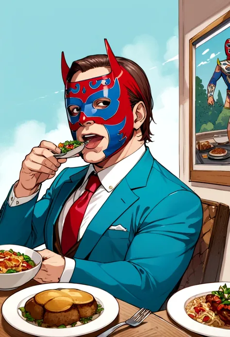 lucha libre masked man, buff, wearing a suit and enjoys a nice meal. album cover called "ricky meatloaf"