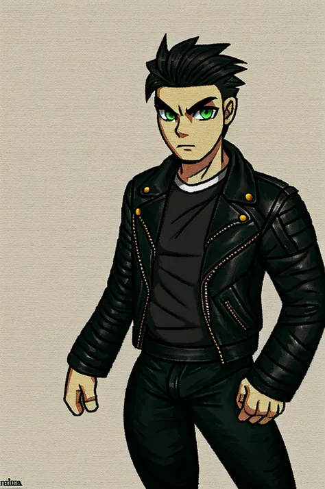 make a metalhead boy,with very dark green eyes, black hair and leather jacket showing the whole body and white background