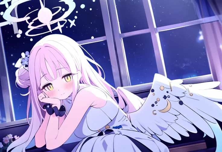 1girl, mika (blue archive), solo, scrunchie, wings, pink hair, wrist scrunchie, looking at viewer, flower, dress, hair ornament, long hair, head rest, yellow eyes, white dress, night, sleeveless, white pantyhose, hair bun, sleeveless dress, single side bun...