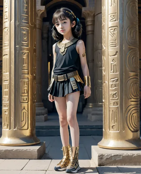 close, full length,cute 10 year old girl , cyberpunk gold parts body,egyptian pillars in the background, super high-quality deta...