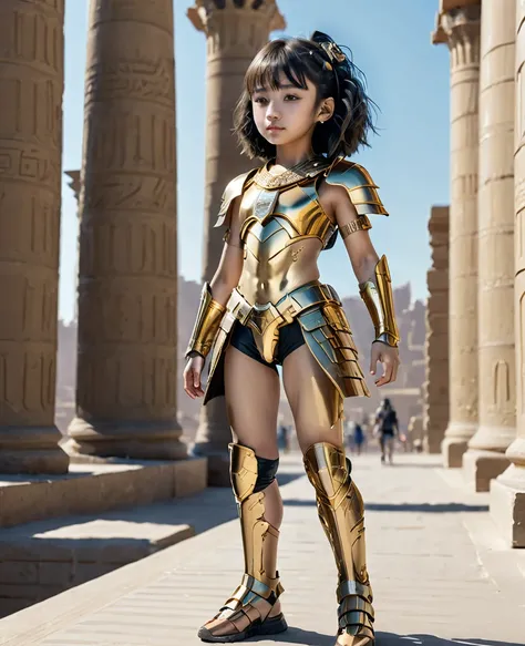 close, full length,cute 10 year old girl , golden armor、cyberpunk gold parts body,egyptian pillars in the background, super high...