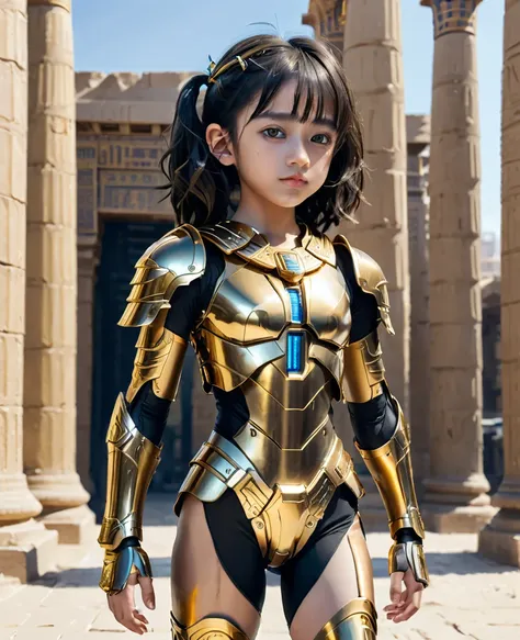 close, full length,cute 10 year old girl , golden armor、cyberpunk gold parts body,egyptian pillars in the background, super high...