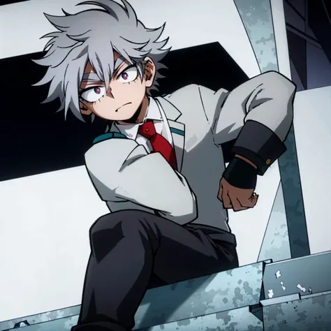 1boy, male focus, boku no hero academia, masterpiece, best quality, very aesthetic, muscular body, gray jacket, red tie, white s...