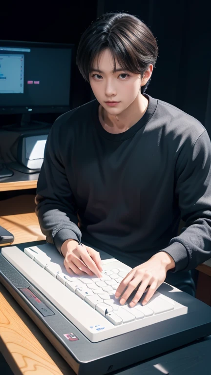 (masterpiece, highest quality, in 8k, super detailed, high resolution, anime style, absolutely), (alone:1.5), handsome man, computer programming, programming text on monitor, keyboard typing