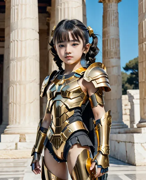 close, full length,cute 10 year old girl , golden armor、cyberpunk gold parts body,greek temple columns in the background, super ...