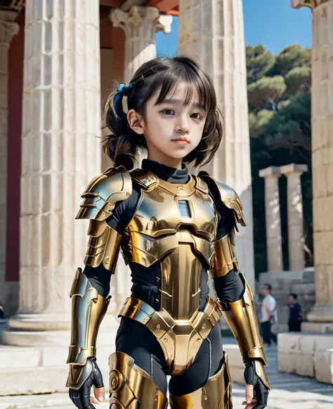 close, full length,cute 10 year old girl , golden armor、cyberpunk gold parts body,greek temple columns in the background, super ...