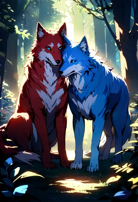 two wolves, red fur, blue fur, bright blue eyes, in the most beautiful enchanted forest, highly, brightly lit, detailed, perfect...