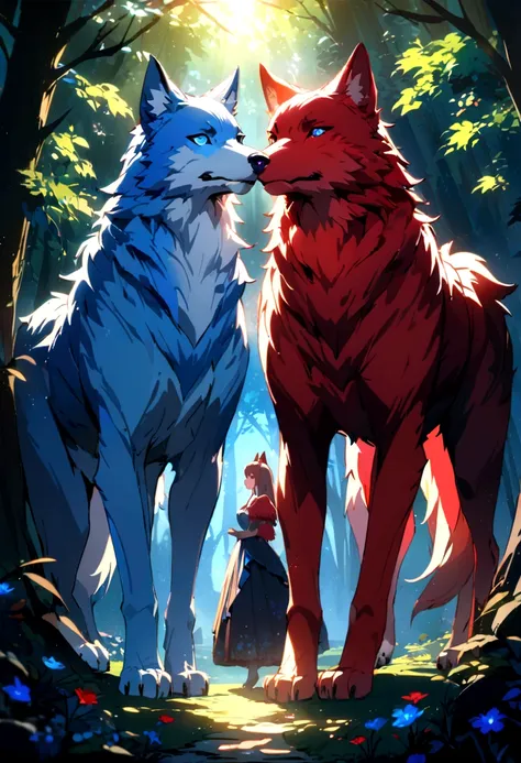 two wolves, red fur, blue fur, bright blue eyes, in the most beautiful enchanted forest, highly, brightly lit, detailed, perfect...