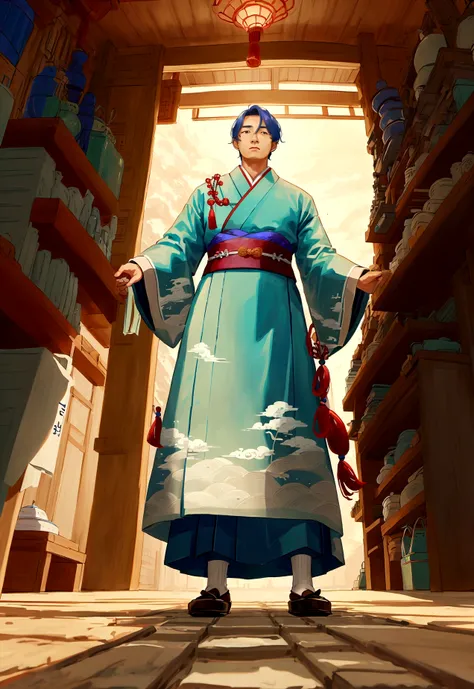 an image from the perspective of a man in traditional korean clothes, looking down, surprised