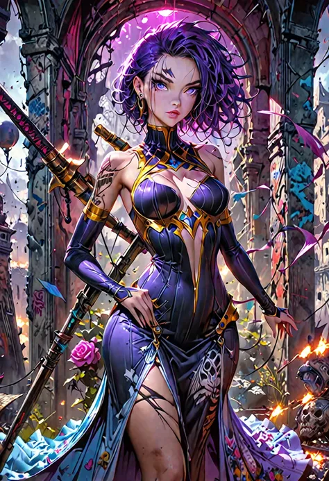 demon terror all local Hyper-realistic digital painting of the natural beauty of Iori nami + Alita anjo de combate sexy poder fenix yellow blue eye vestido curto preto e rosa sexy with piercing eyes, reflections in the big purple red eye pupils, highly det...