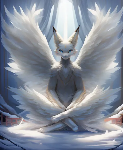 falvie 
asian_mythology east_asian_mythology mythology 
canid canine fox mammal will-o-the-wisp 
2017 digital_media_(artwork) 
ambiguous_gender blue_eyes detailed_background feral fox_spirit fur kitsunebi multi_tail paws shrine sitting smile solo tail whit...