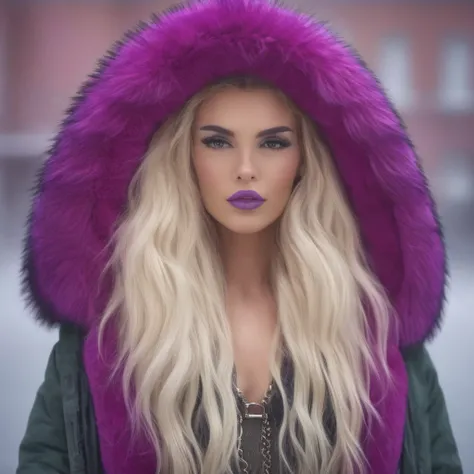 create a high-definition, glossy image of female wearing a large russian coat with a purple trim fur collar and denim shorts. en...