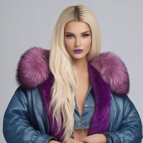 create a high-definition, glossy image of female wearing a large russian coat with a purple trim fur collar and denim shorts. en...