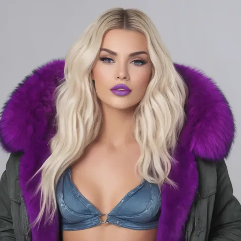 Create a high-definition, glossy image of female wearing a large russian coat with a purple trim fur collar and denim shorts. Ensure her face is flawless, with captivating eyes and a seductive grin. she has purple lips and blue eyes, Enhance the outfit to ...