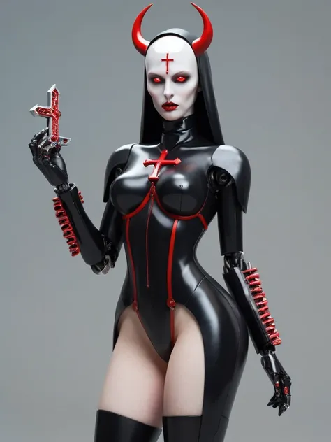 ral-opal, meahophontron, full body, woman robot face, Cyberpunk, devil nun, negro, looking at camera, body nun clothes, red eyes, primer plano looking at camera, realist, beautifull woman, sexy face, black clothes, gray and red, Red high heels, holding red...