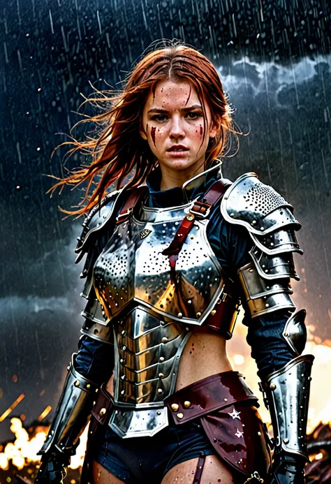 (ultra detali:1.2, work of art:1.2, best qualityer:1.2, high resolution:1.2), war zone background, scenario, raining, 1 girl, , chestnut hair, hypdertailed, armor clothes, breastplate, dirty faced, blood spots, dark sky