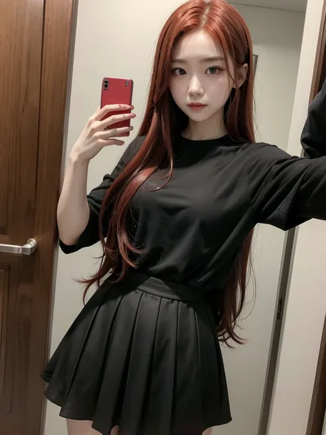  Korean with long red hair, No blouse, Black Skirt, Selfie 